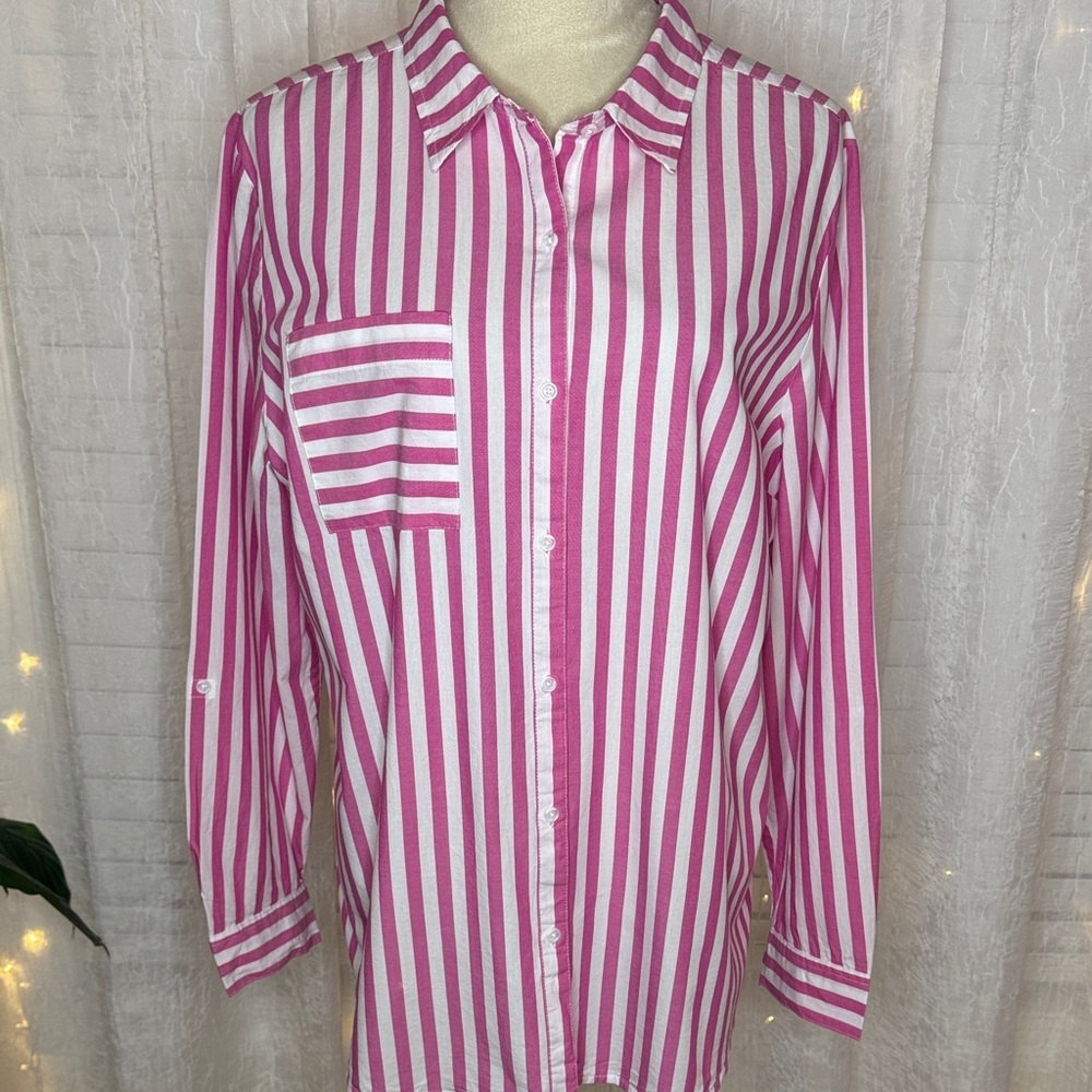 Cato Fuchsia and White Striped Button-Up Blouse